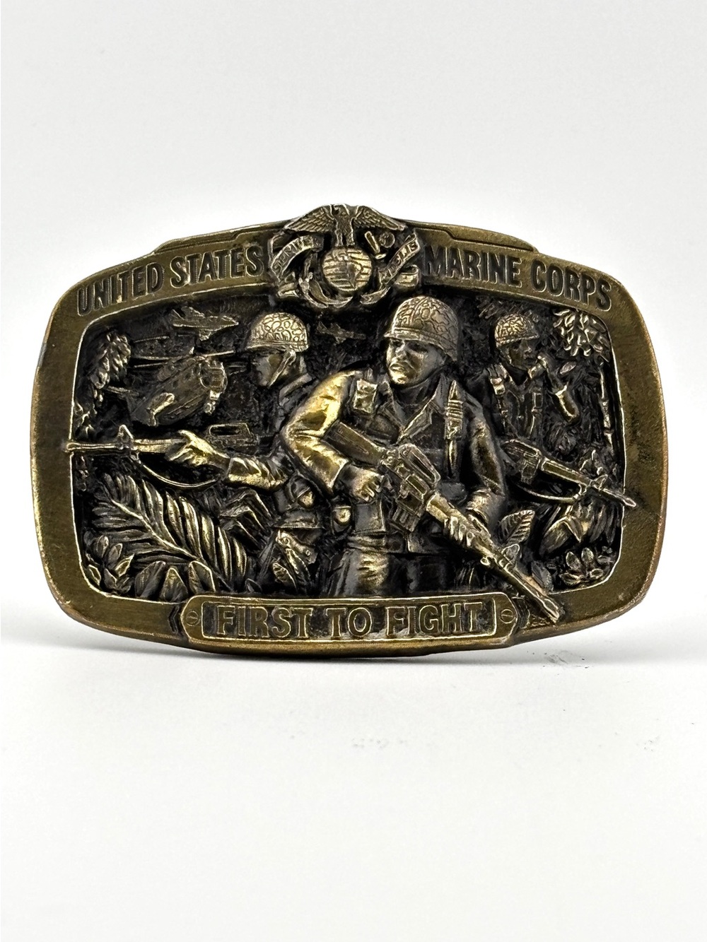Vintage United States Marine Corps “First To Fight” Brass Belt Buckle